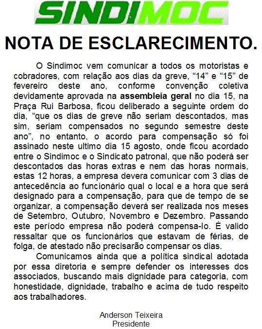 Nota de Esclarecimento sobre os dias 14 e 15 de Fevereiro